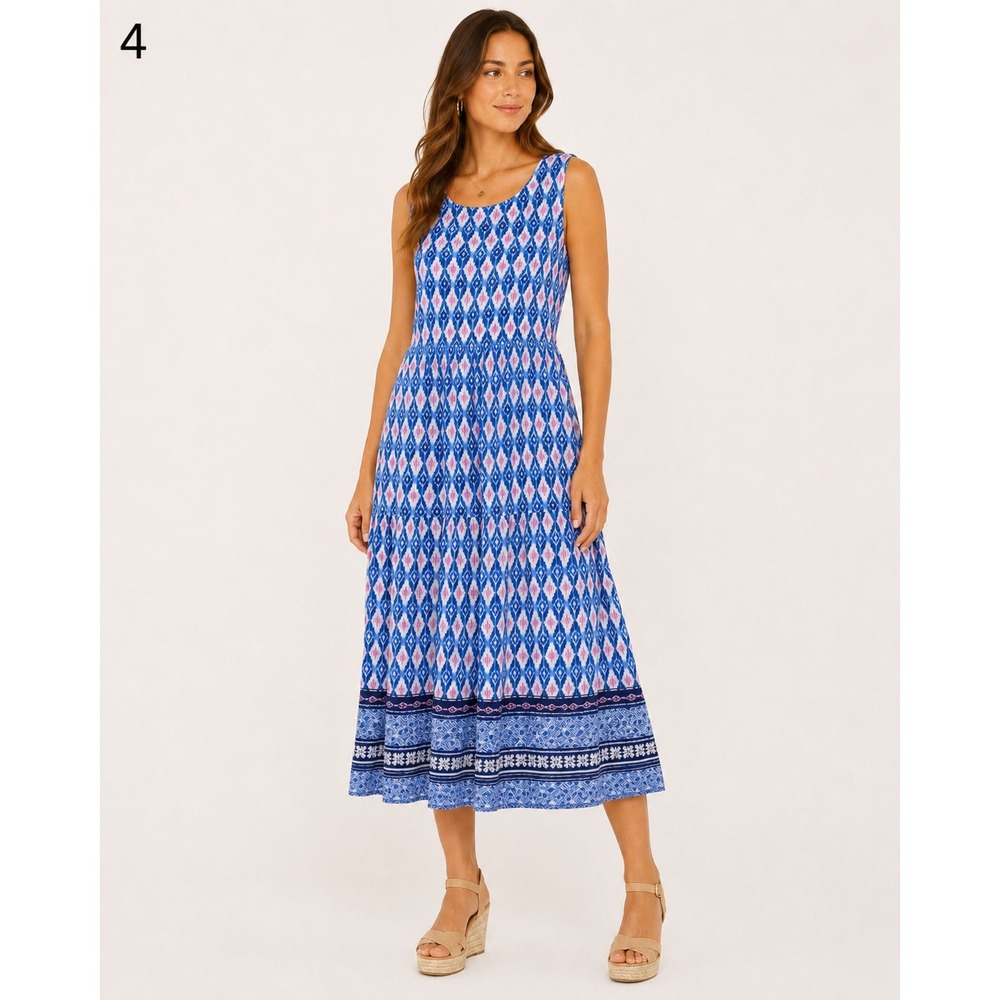 Beachlunchlounge Vaca Midi Dress Womens XL Peonia Border Print Blue Pink Ikat